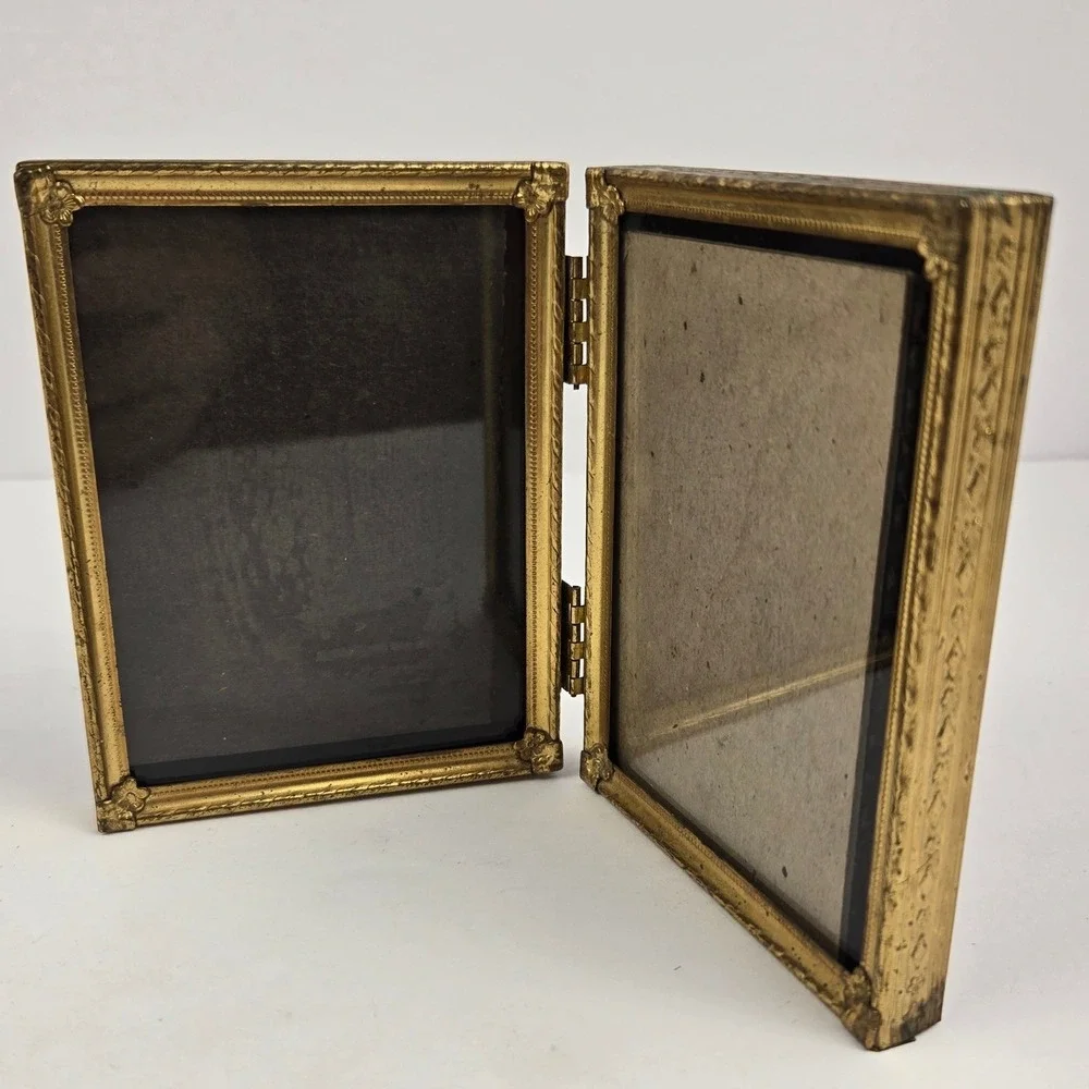 Vintage Gold Metal Folding Double Picture Frame Ornate Embossed Floral Bifold
